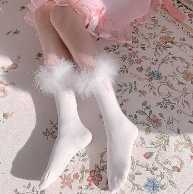 White Tea Dream - Cotton Lolita Calf Socks Knit Pink Bow Turkey Feather Socks