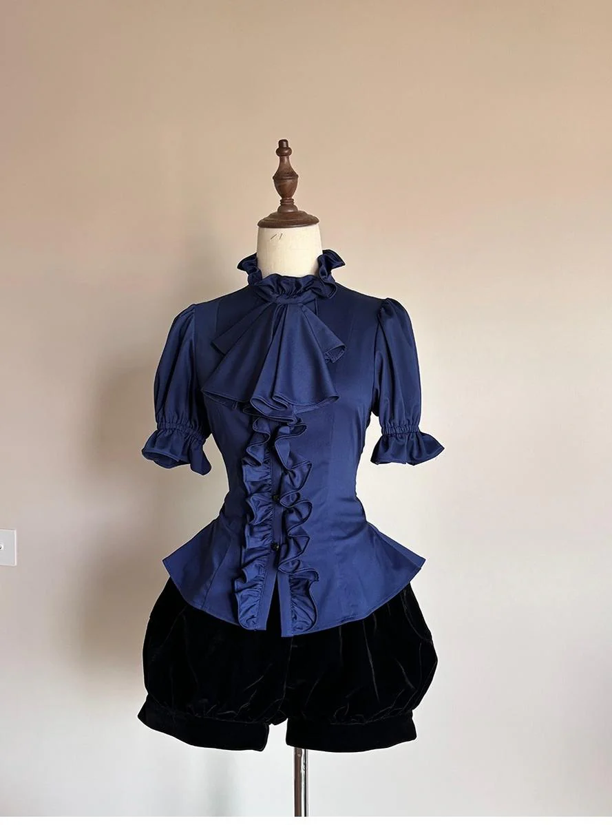 FlowerFairyDaily - Trace Night - Gothic Lolita Short-sleeved Shirt with Adjustable Waist