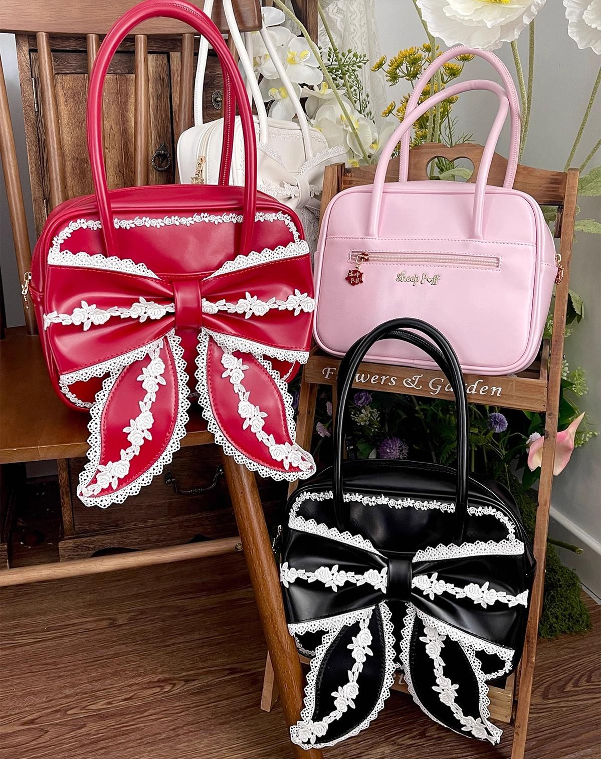 Sheep Puff - Old School Lolita Bag, Ear-Like Bow & Floral Lace