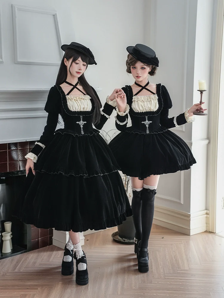 With PUJI - Apocalypse - Gothic Lolita Velvet OP Dress Set, Fishbone Waist