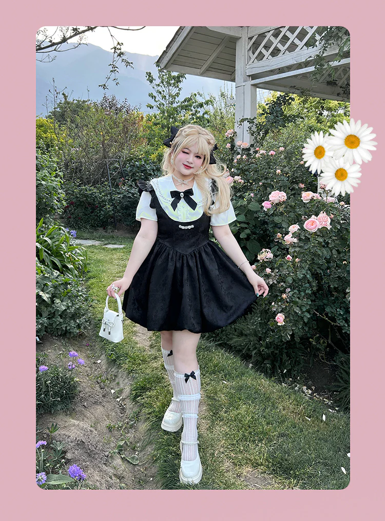 Yingtang - Plus Size Lolita Dress Set Short Sleeve Shirt
