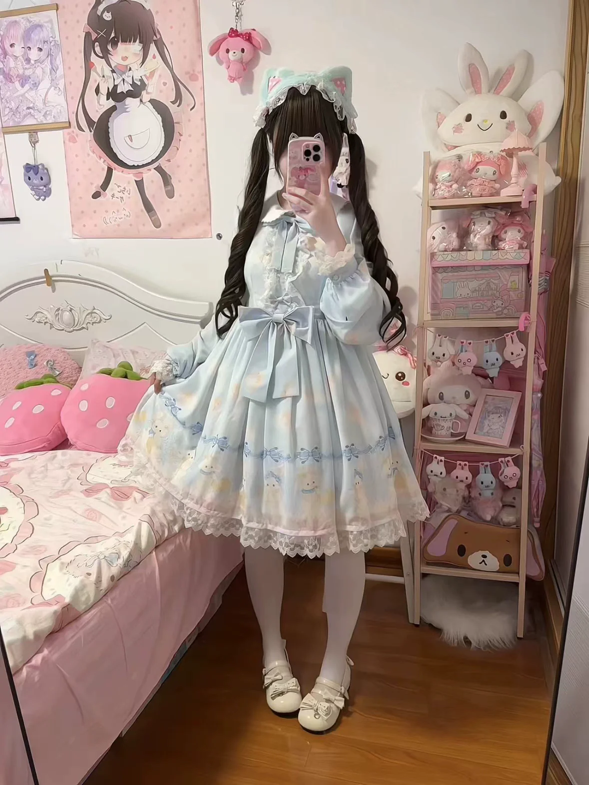Strawberry Cake - Snow Bunny Symphony - Sweet Lolita OP Dress, Bunny & Snow Print