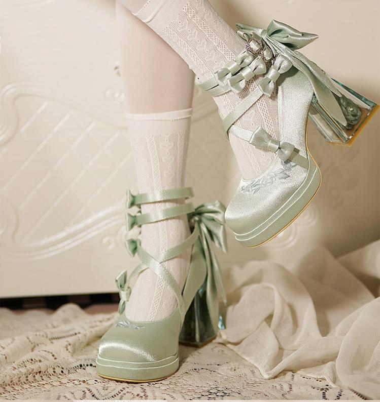 Panda Bear - Glass Floral House - Elegant Lolita Shoes,Transparent Heels with 3D Floral