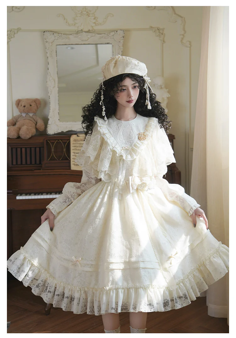 With PUJI - Floral Melody - Ivory Classic Lolita Long Sleeve OP Dress with Layered Bolero