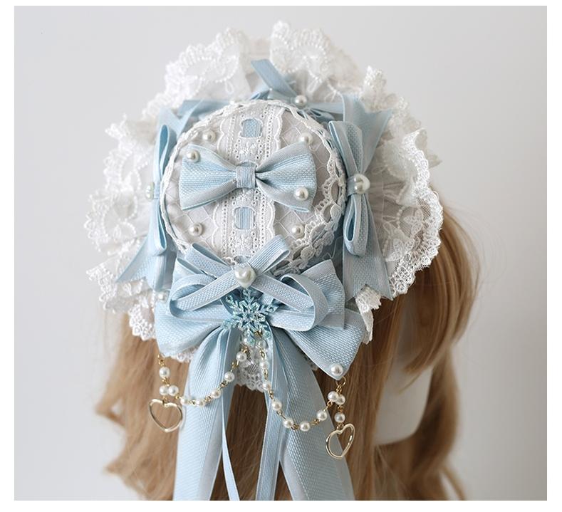Xiaogui - Christmas Classic Lolita Lace Bow Ice Blue Bonnet