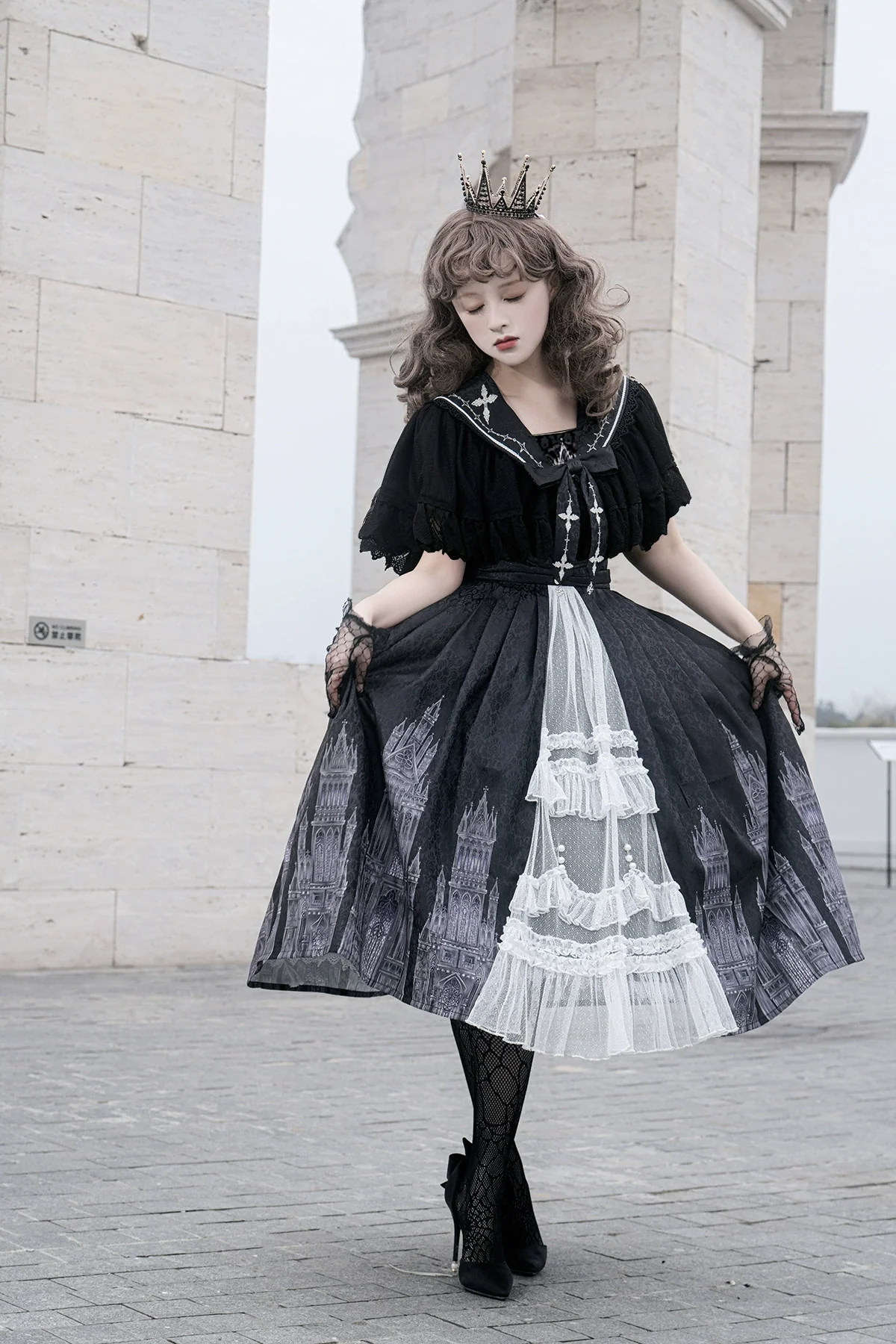 Cornfield Lolita - Silent Church - Gothic Lolita JSK Front Open Printed Dress and Thin Cardigan Set