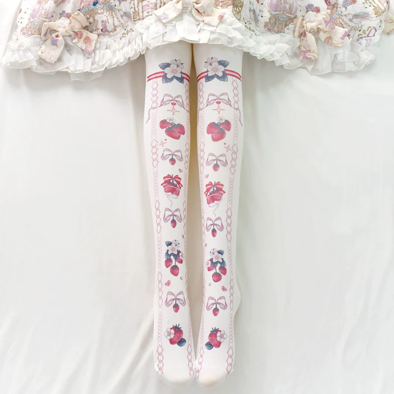 Wuxiaoliu - Sweet Lolita Tights Strawberry Bow Printing White Pantyhose