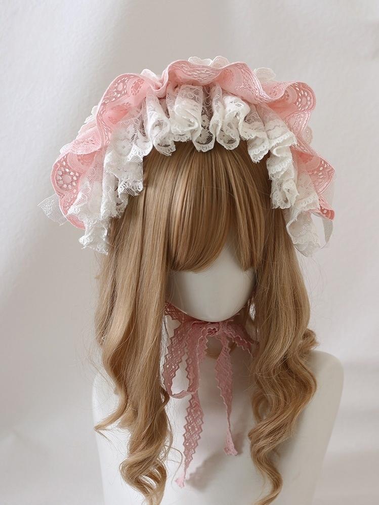 Xiaogui - Sweet Lolita Headdress Pink & White Lace Hairband