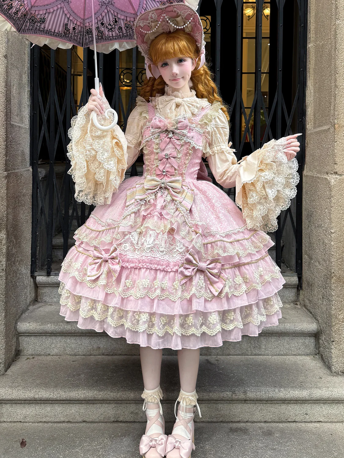 Hanguliang - Gem Crown - Sweet Lolita JSK Suit Tiered Ruffles Doll-Like Dress and BNT