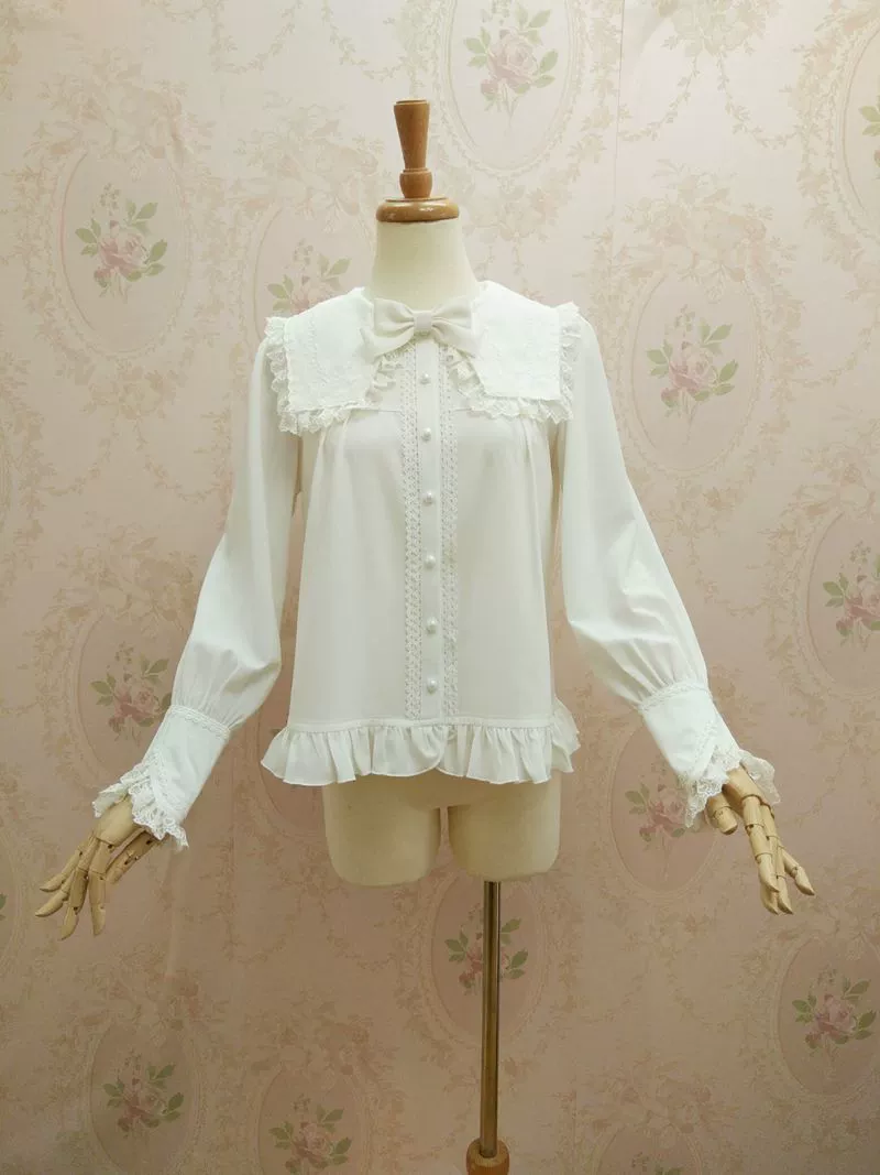 Yilia - Solid Sweet Lolita Shirt, Lace Square Neckline