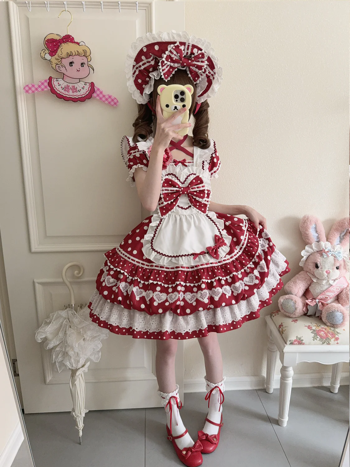 Hanguliang - Berry Bubble - Sweet Lolita OP Suit Tiered Ruffles Skirt with Polka Dots