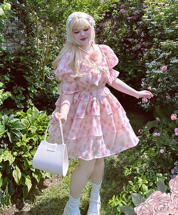 Yingtang - Berlin Rose - Plus Size Lolita Dress Puffy Trailing Floral Print