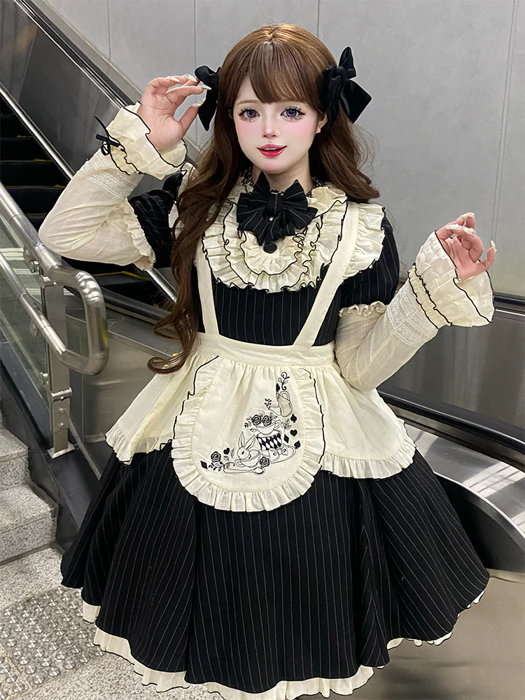 Chubby Cat Diary - Afternoon Tea - Striped Maid Lolita OP, Petal-Ruffled Apron