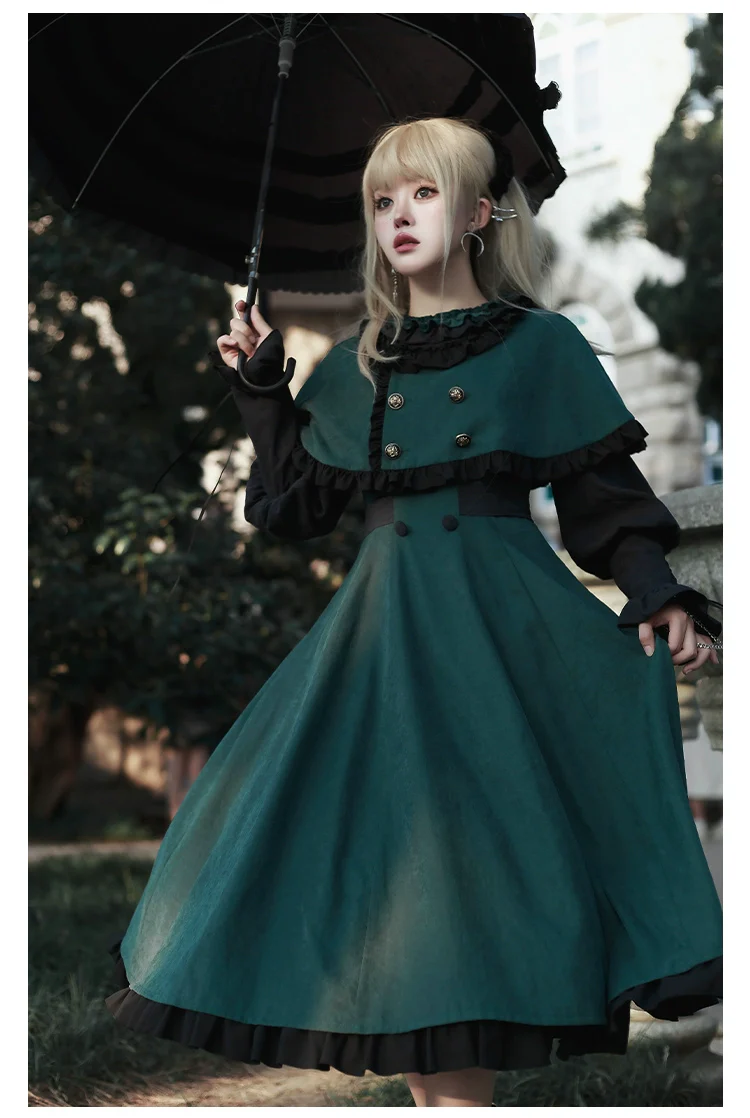 With PUJI - College of Potions - Elegantt Lolita OP Dress Black and Green Dress with Cape
