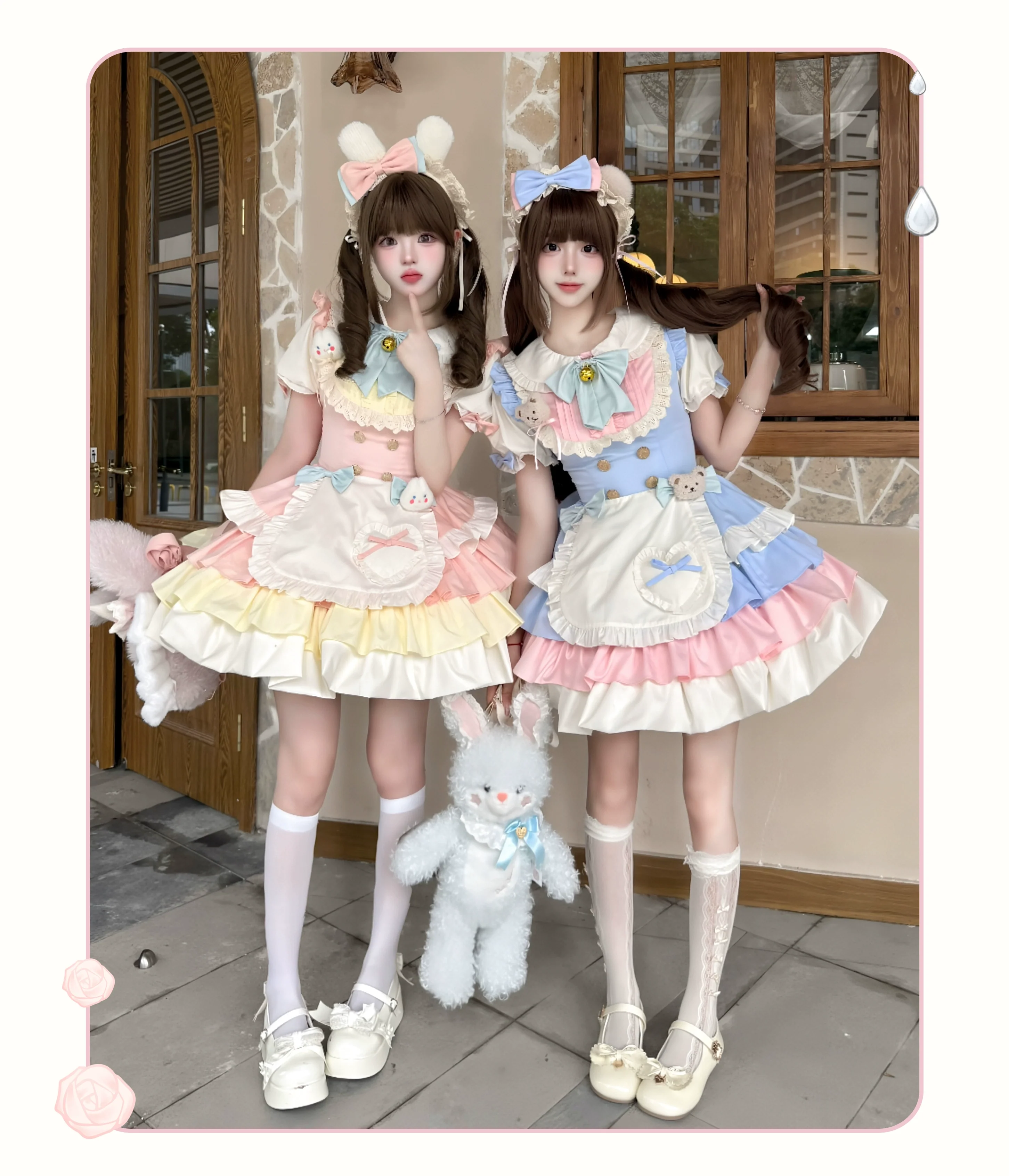 Platycodon House - Cream Puff - Sweet Lolita Apron OP Dress, Bunny & Bear Details