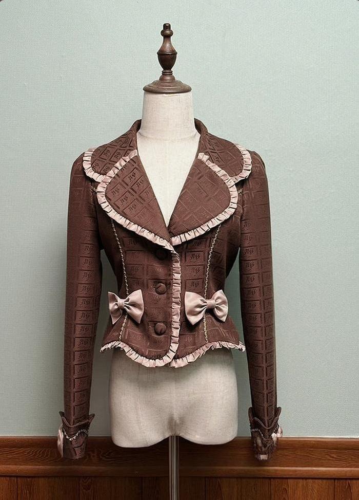 Alice Girl - Bear Chocolate Slab - Classic Lolita Slim Fit Jacket Coat, Lapel Collar