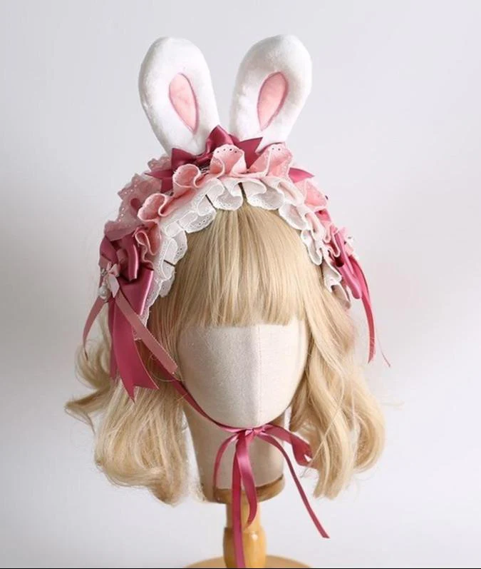 Xiaogui - Sweet Lolita Headdress Pink White Bunny Ear Hair Accessory