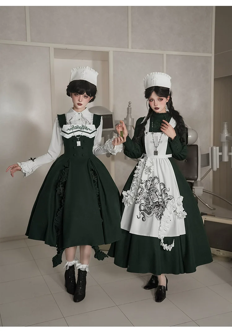 With PUJI - Letter and Poetry · Abyss Clinic - Gothic Lolita Green Dress Set