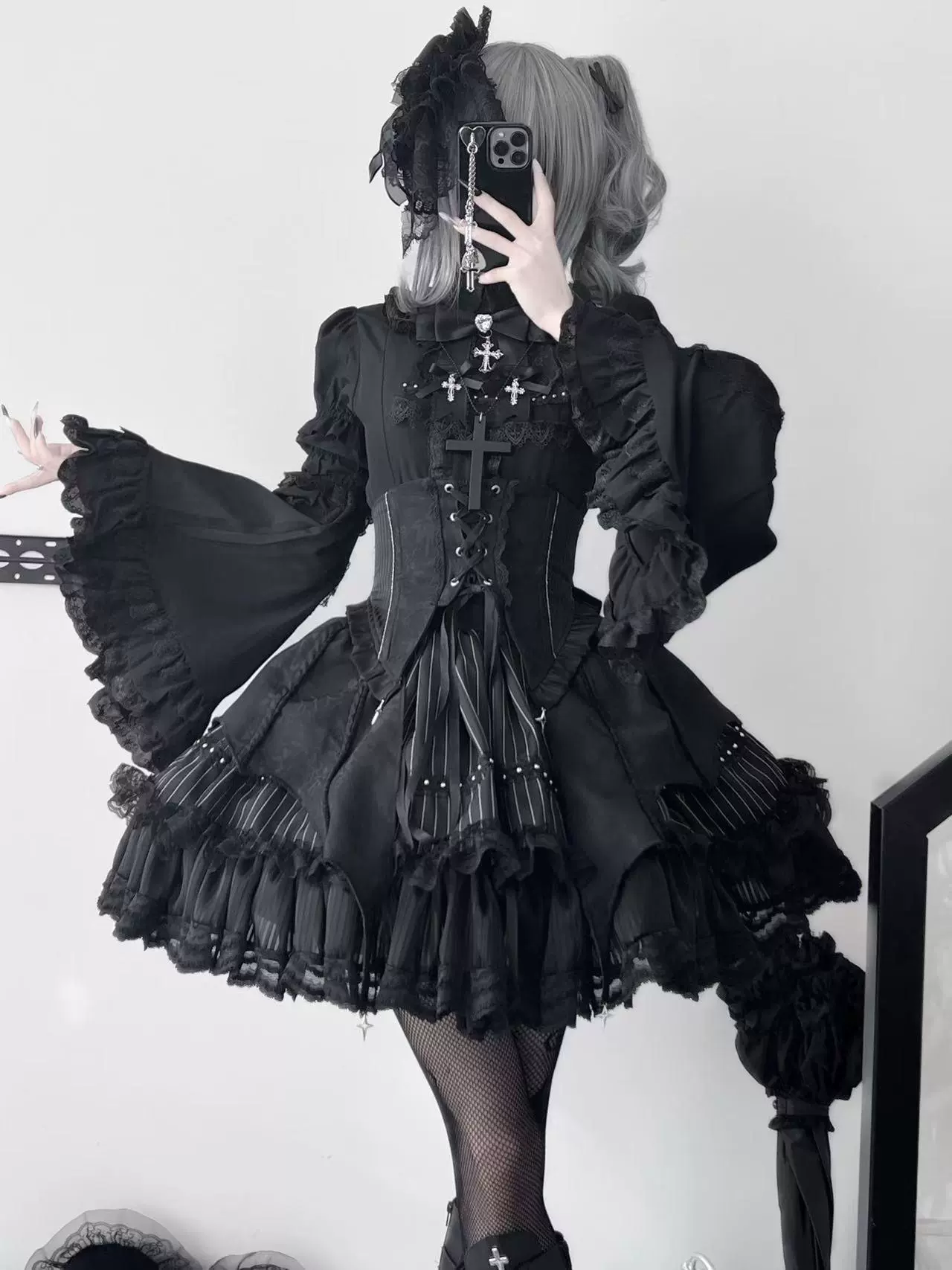 Twilight Song - Trace Bone - Black Gothic Lolita SK & Waist Cincher