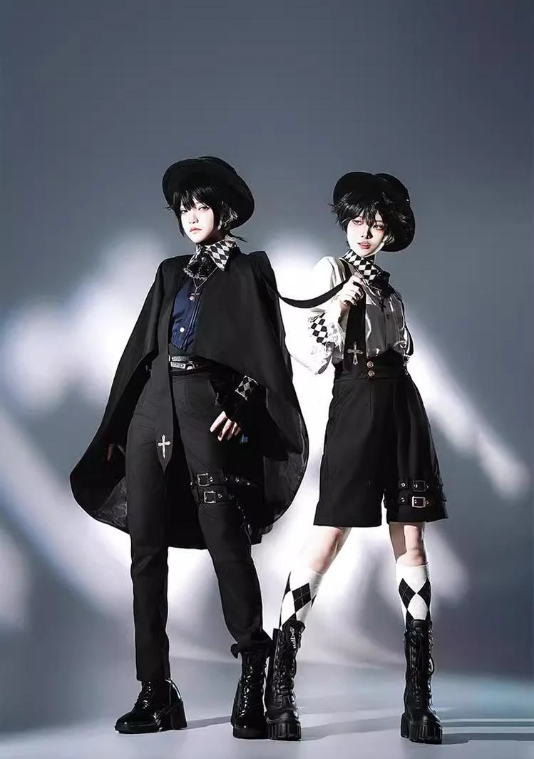 CastleToo - Fantasy Wonderland - Ouji Lolita Checkered Blouse with Suspenders Pants and Cape