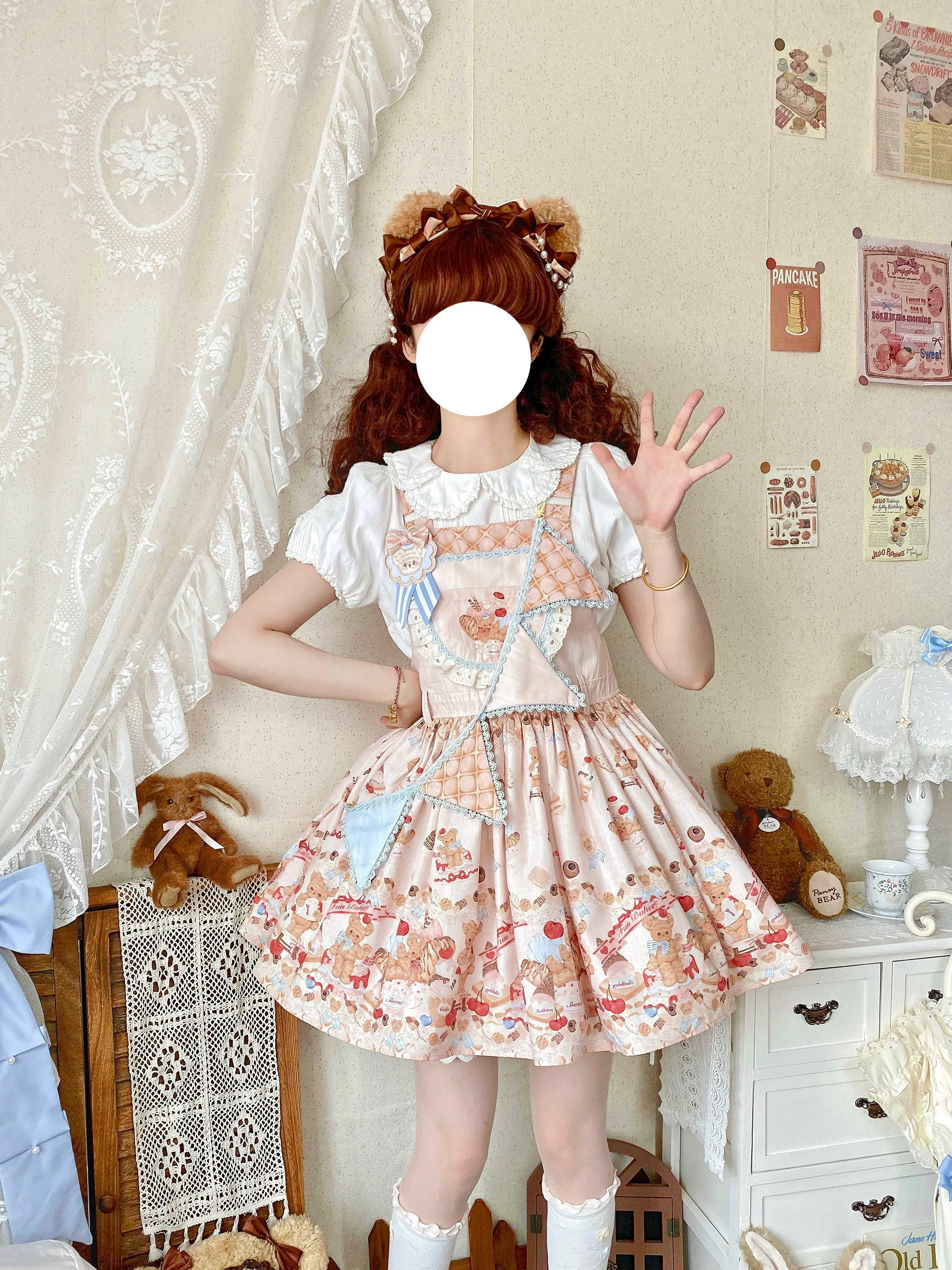 White Tea Story - Little Bear Bonny - Kawaii Lolita Salopette, Bear & Dessert Print