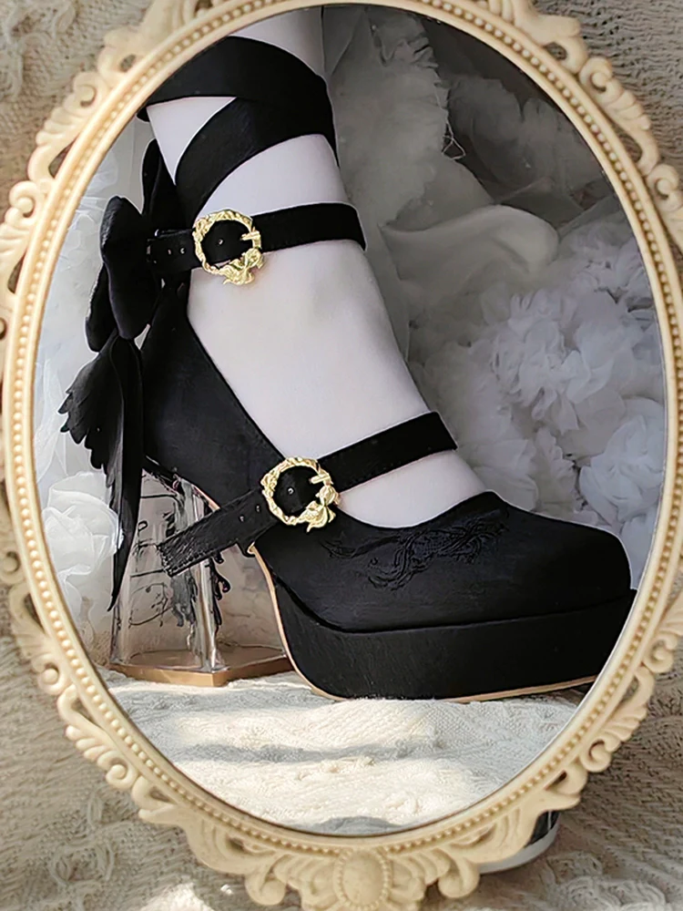 Dreamland - Floating Koi Land - Satin Classic Lolita Platform Shoes, Transparent Heel