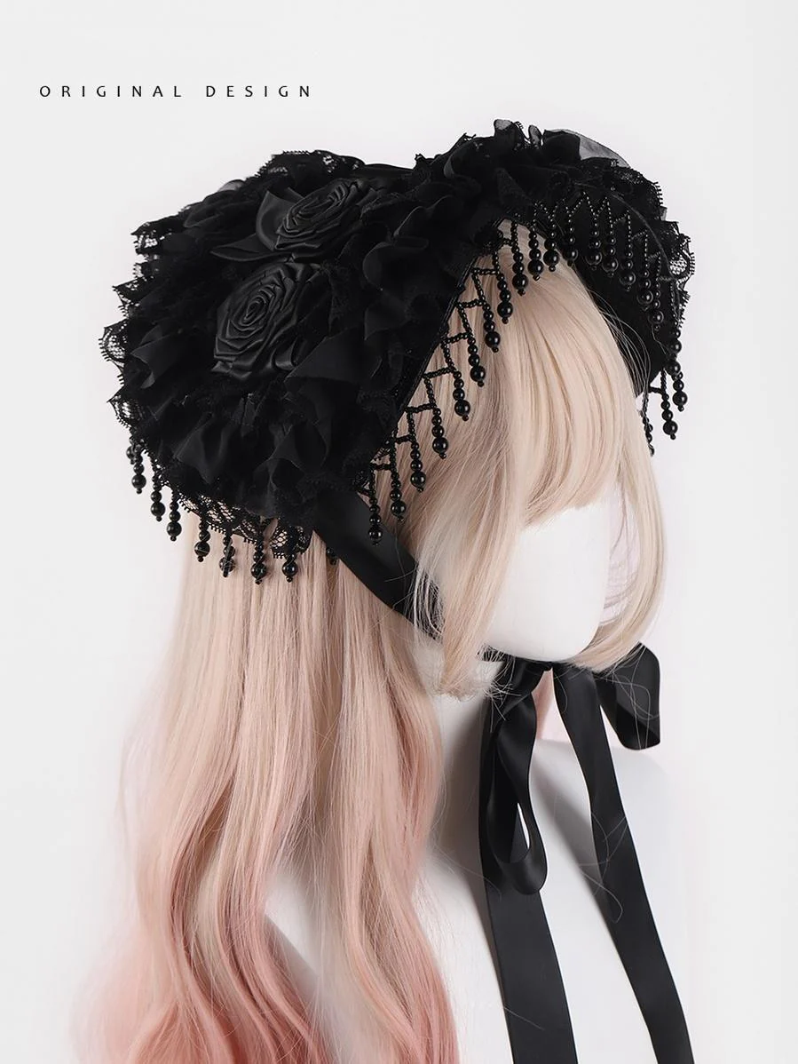 The Accessories' Story - Gothic Lolita Black Hat, Rose & Bead Tassels