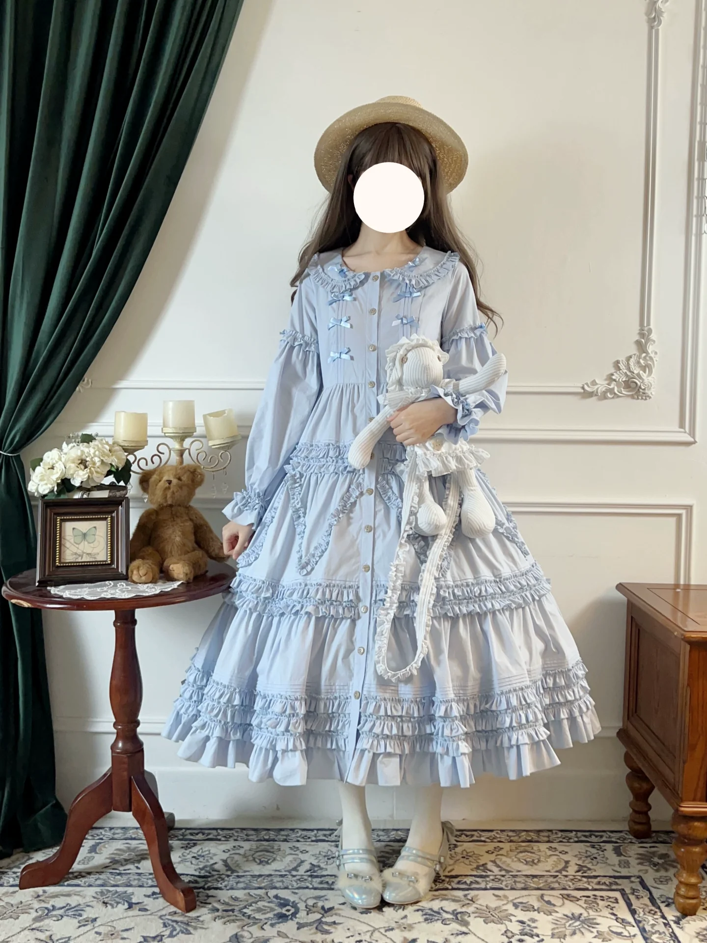 Bunny Magic Forest - Loving Bunny - Elegant Lolita Long Sleeve Trapeze OP, Tiered Skirt