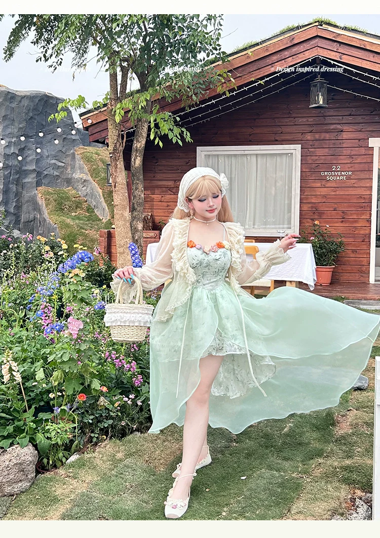 Yingtang - Plus Size Lolita JSK Dress Green Floral Lolita Dress Caidigan Set