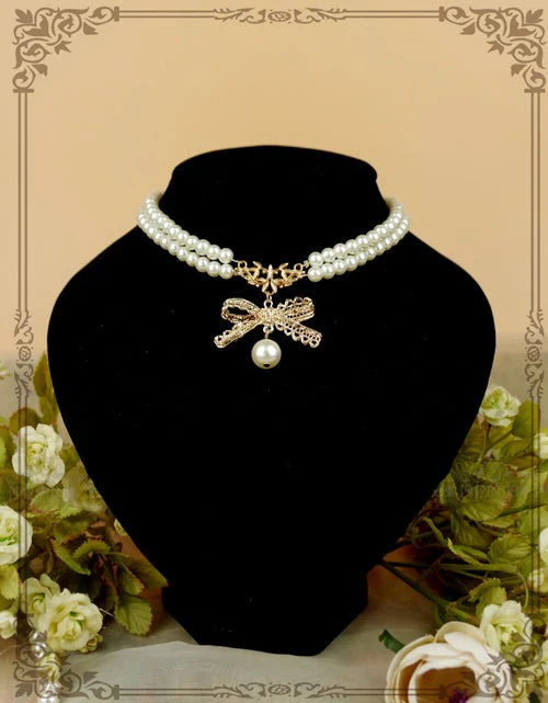 Rose of Sharon - Pearl Chain Lace Bow Lolita Kawaii Necklace