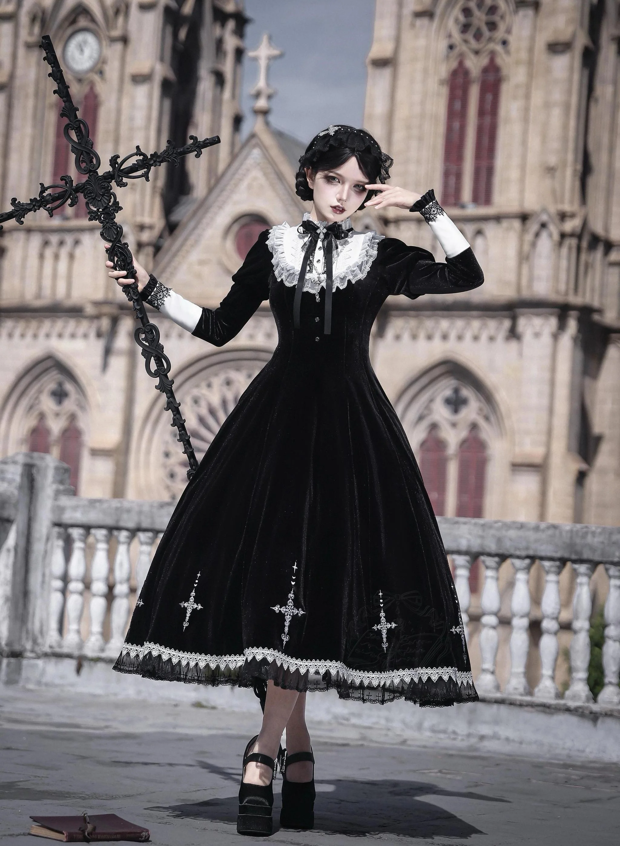 Cross Craft - Ten-Panel Cut Gothic Lolita OP, Embroidered Crosses