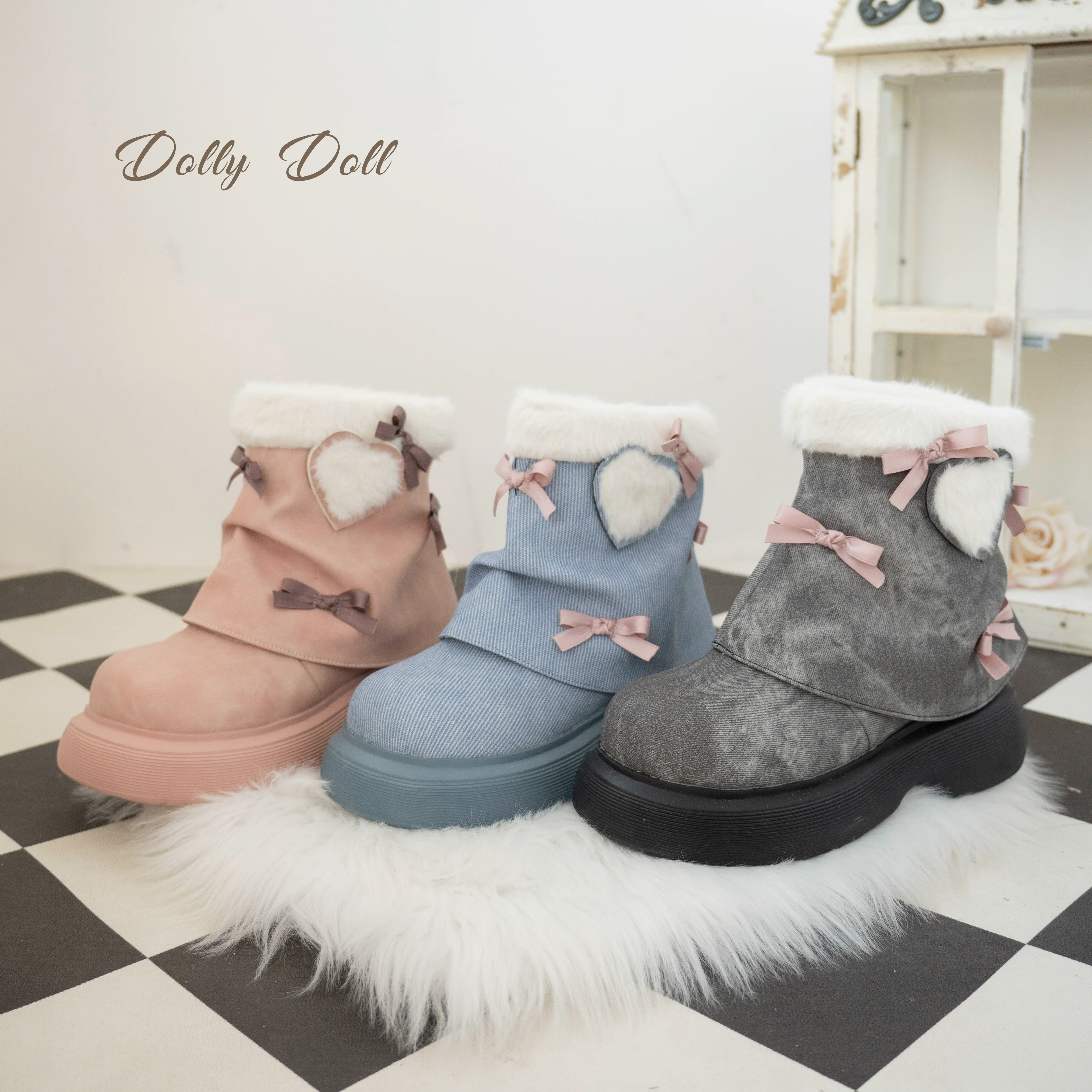 Dolly Doll - Ponyo - Winter Casual Lolita Boots Bow Thick Sole Shoes