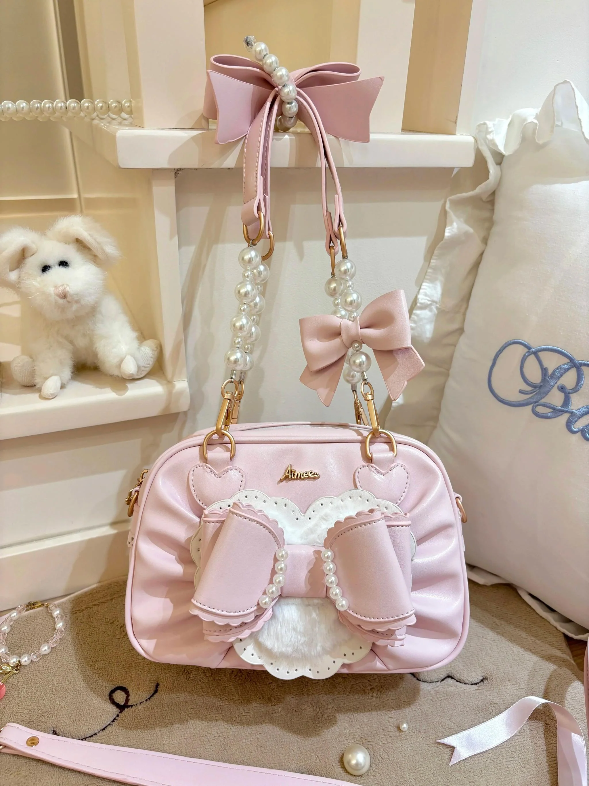 Aimee - Peach Cube Box - Sweet Lolita Pink Handbag, Bow & Pearl