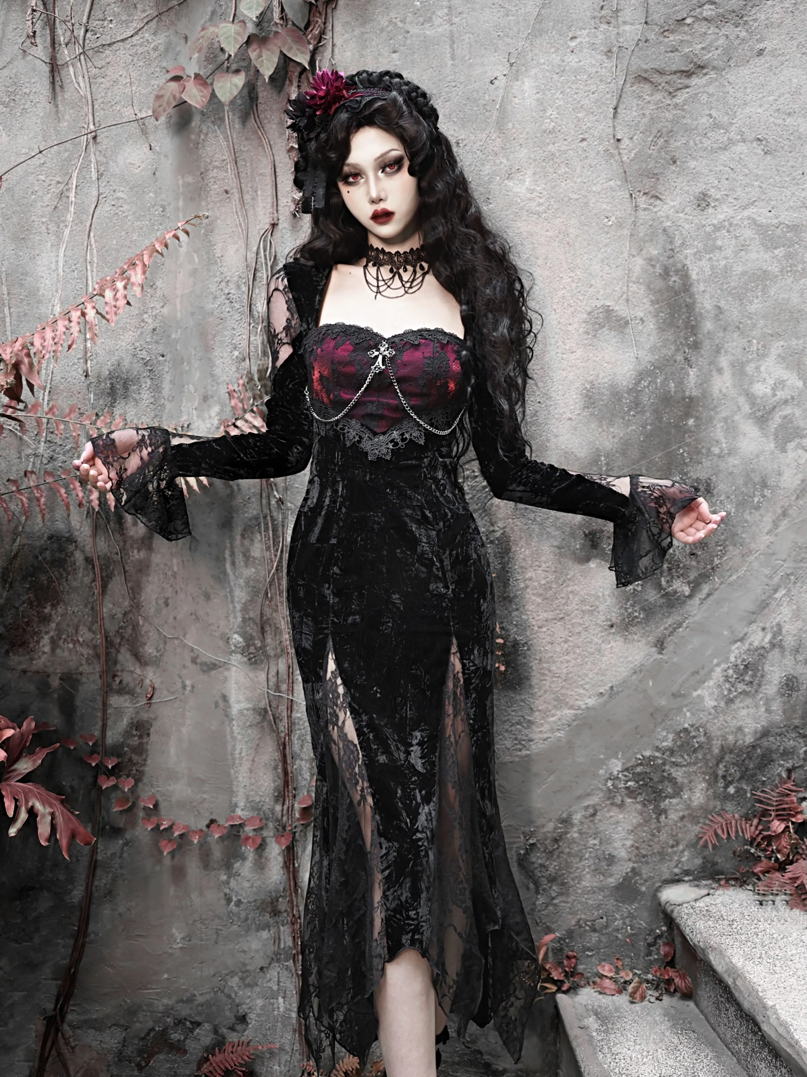 Blood Supply - Rose Cemetery - Dark Red Velvet Mermaid Gothic Lolita Dress