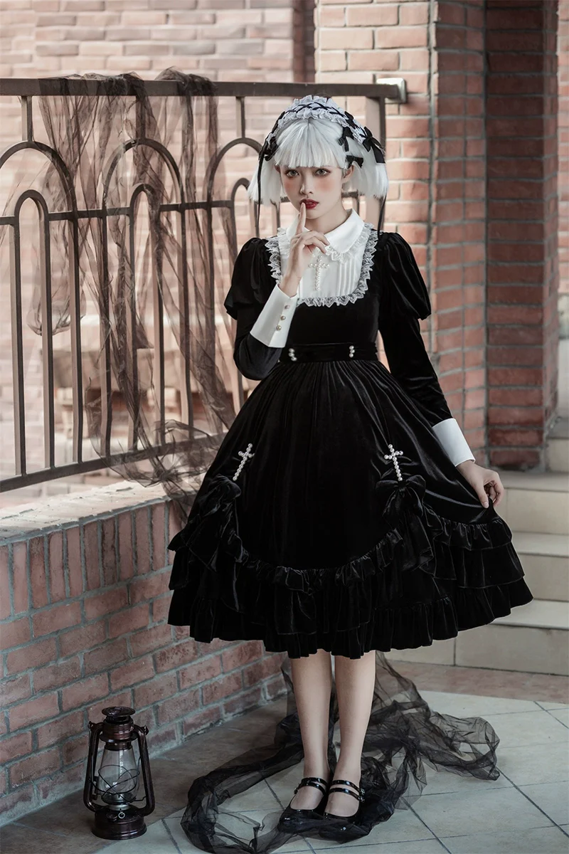 Your Princess - Gothic Lolita Velvet Maid OP Dress, Pearl Cross Accents