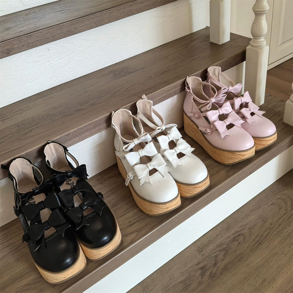 MODO - Old School Lolita High Platform Shoes, Three Bows