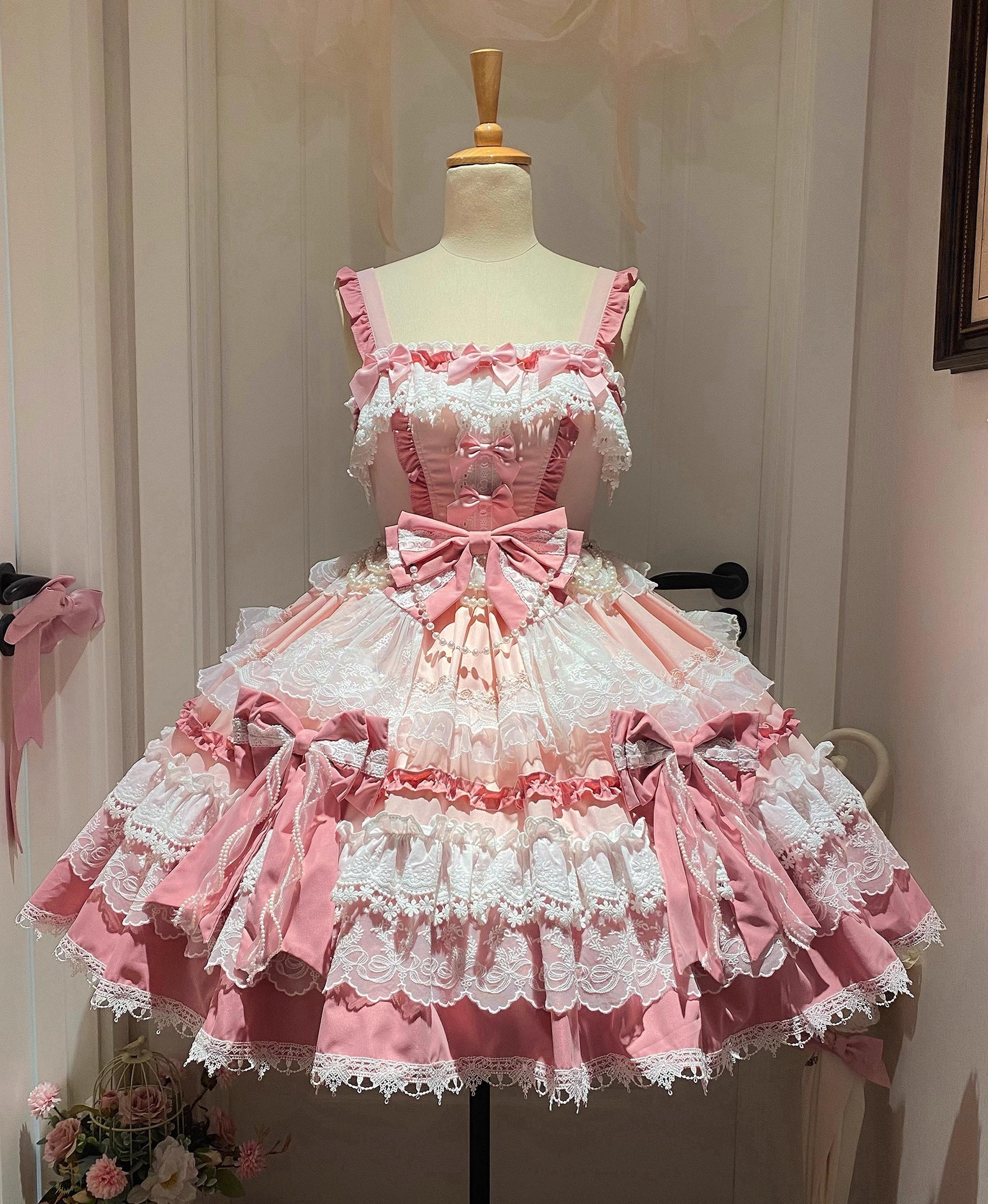 Qianmu - Girl's Secret - Pink Sweet Lolita JSK Dress with Lace and Bow Trailing