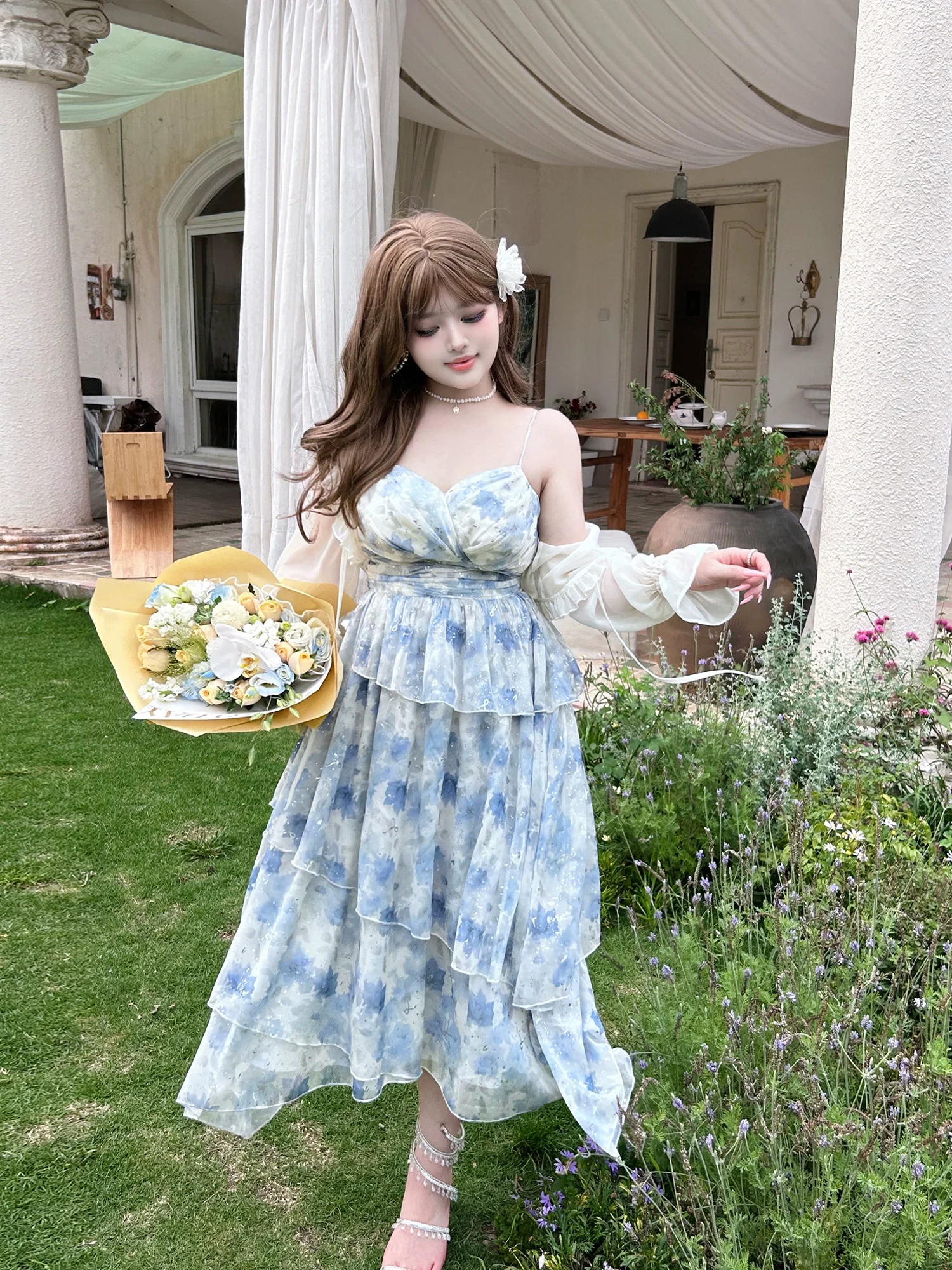 Yingtang - Plus Size Blue Lolita JSK Dress Cardigan Set New Arrival