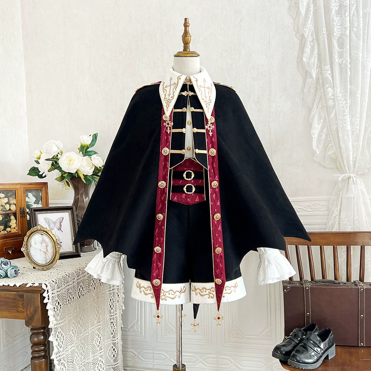 Your Princess - Vampire Youth - Ouji Lolita Bat Shaped Cape Set, Gold Embroidery & Red Accents