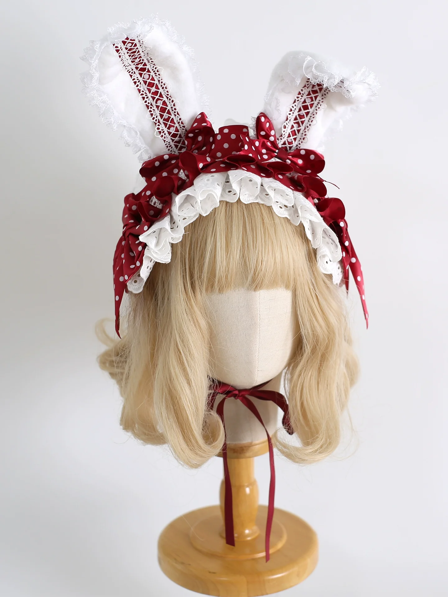 Xiaogui - Sweet Lolita Polka Dot Lace Hairband, Shapeable Bunny Ears