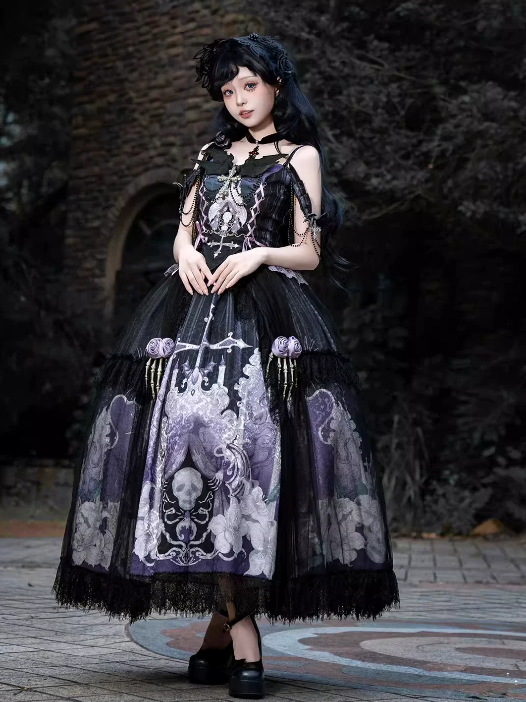 Your Princess - Withered Bone Specter - Gothic Lolita Skirt Set, Rose & Skeleton Hand Decor