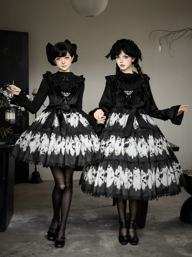 With PUJI - Dead Leaf Butterfly - Gothic Lolita JSK & OP Dress Set, Butterfly Print