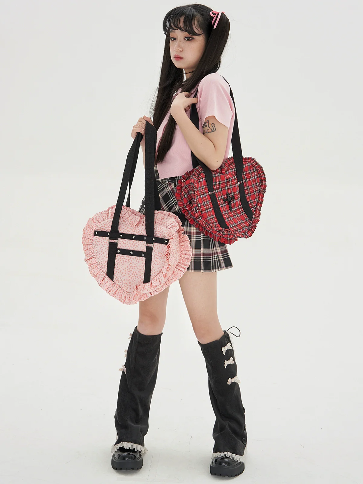 Soso Meme Club - Vintage Lolita Heart Shaped Plaid Dot Print JK Uniform Bag