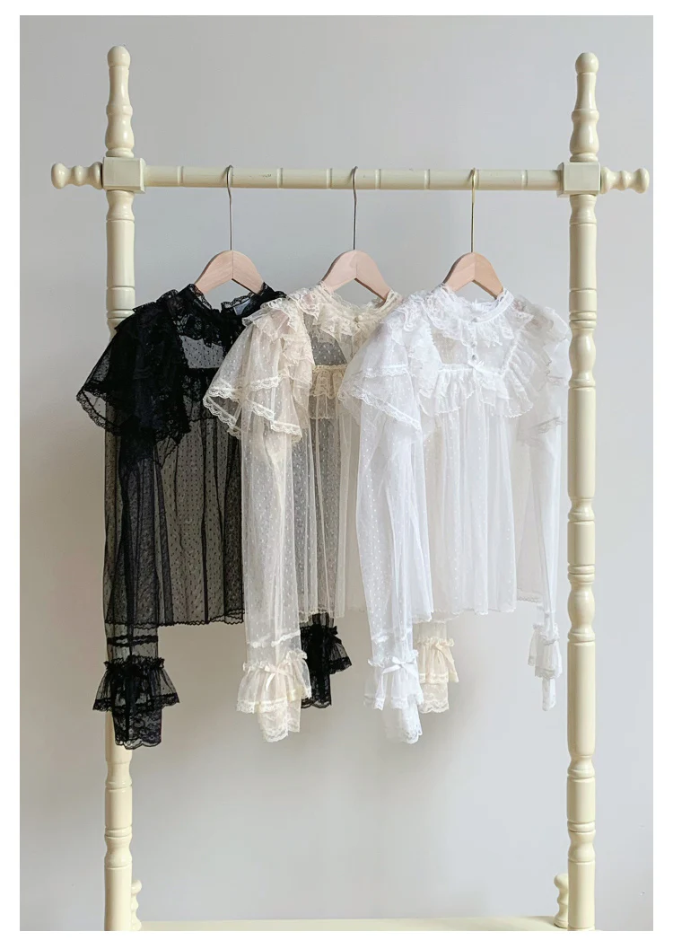 With PUJI - Letters and Poems - Summer Classic Lolita Shirt with Dotted Tulle and Long Sleeve