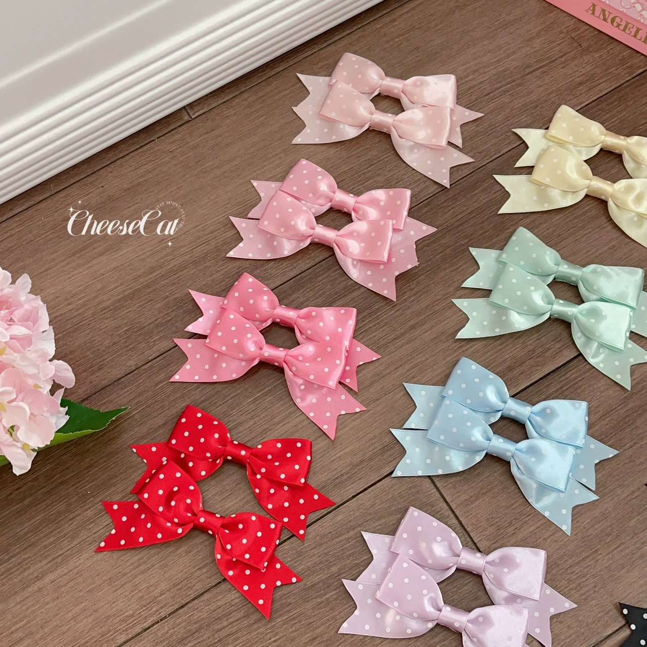 Cheese Cat - Kawaii Lolita Hair Clip Polka Dot Ribbon Bow Clips