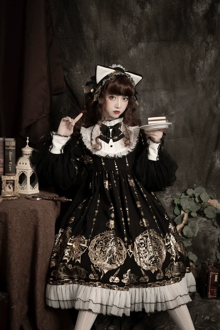 Ilovexiaolu - Foil-Stamped Fairytale Town - Animal Print Gothic Lolita Dress