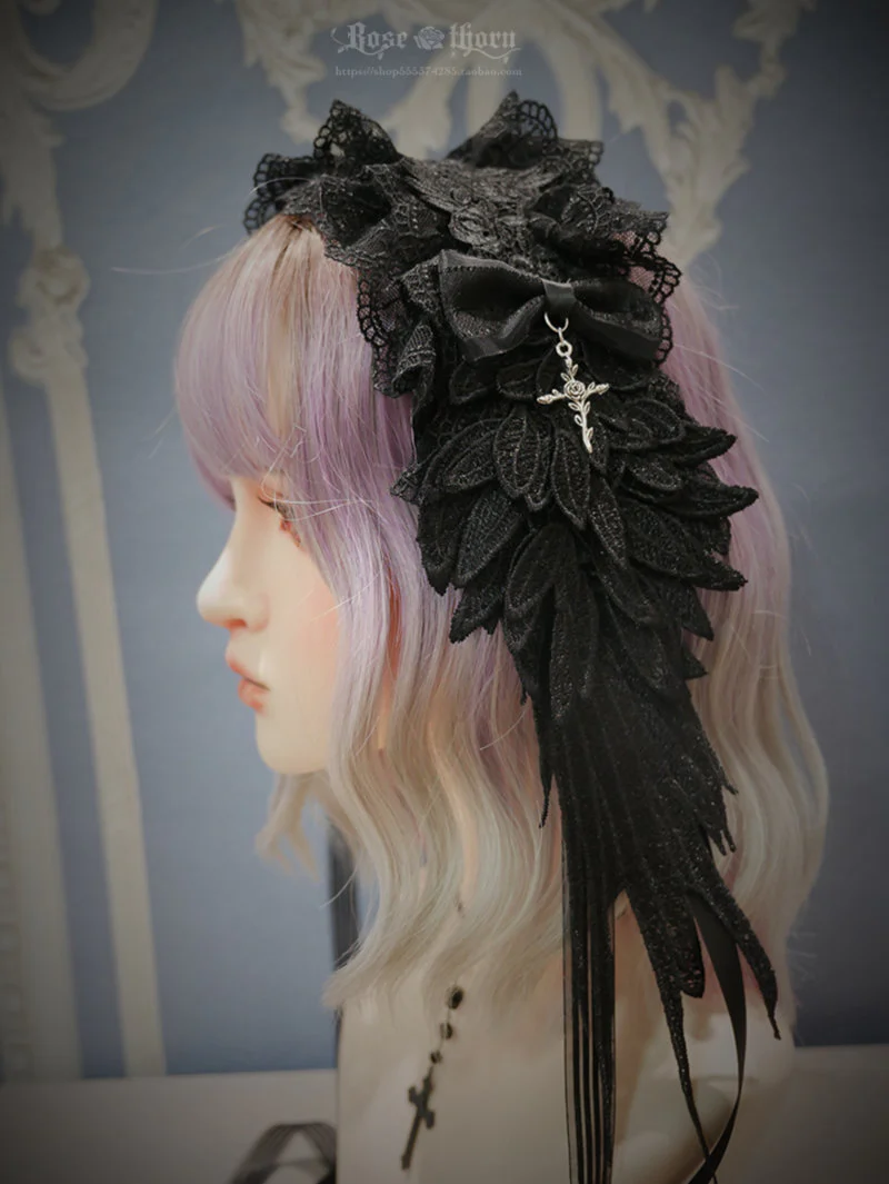 Rose Thorn - Devil Wings - Gothic Lolita Headband with Cross Pendant Custom Clolor