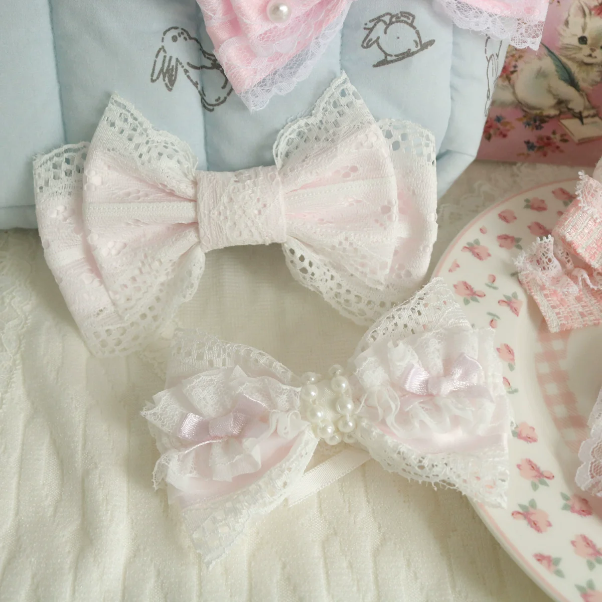 Creamy Bubbles - Sweet Lolita Hair Clip Pink Lace Bow Hair Clip and Brooch Handmade