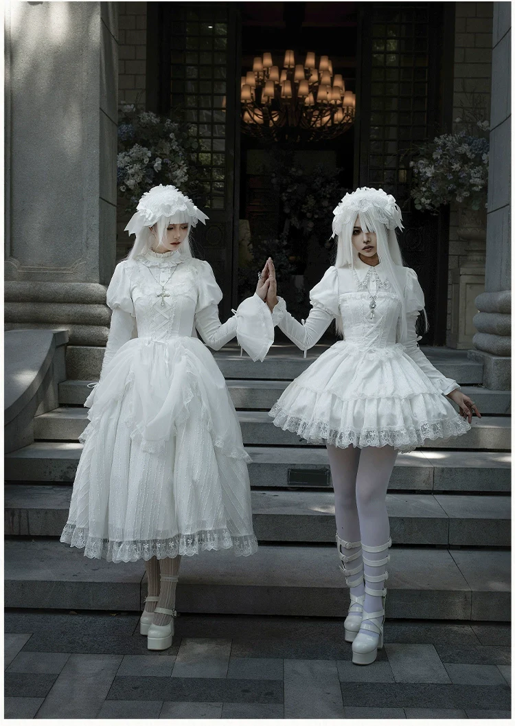 With PUJI - Fallen Heaven - White Gothic Lolita OP Set, Double Layered Skirt