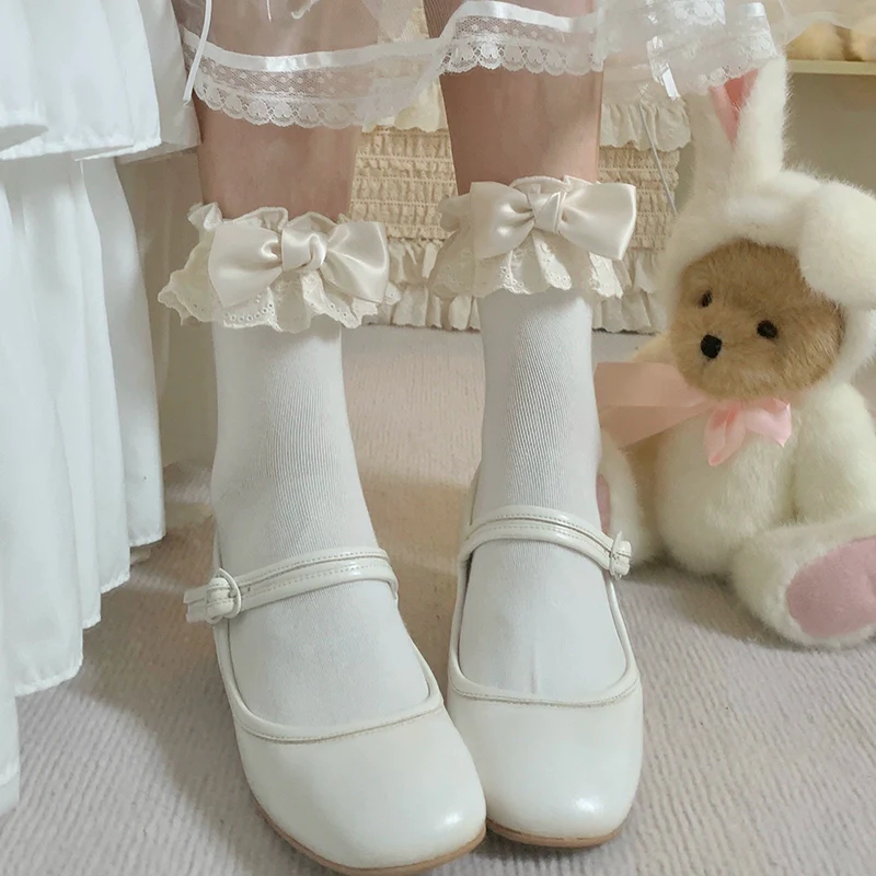 Roji Roji - Cotton Lolita Socks Lace Bow White Socks